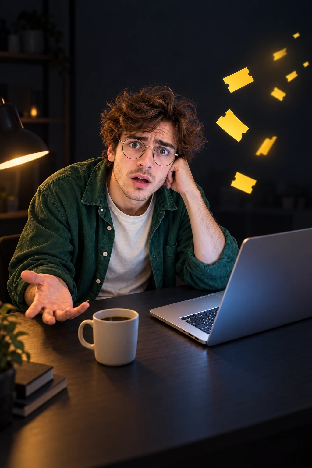 The same developer coding late at night, lit by a screen and desk lamp, with a cup of coffee