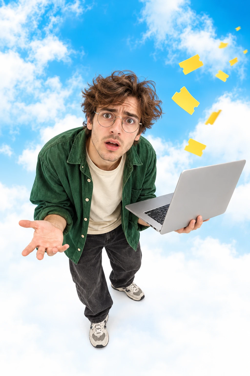 A puzzled developer holding a laptop as tokens fly away